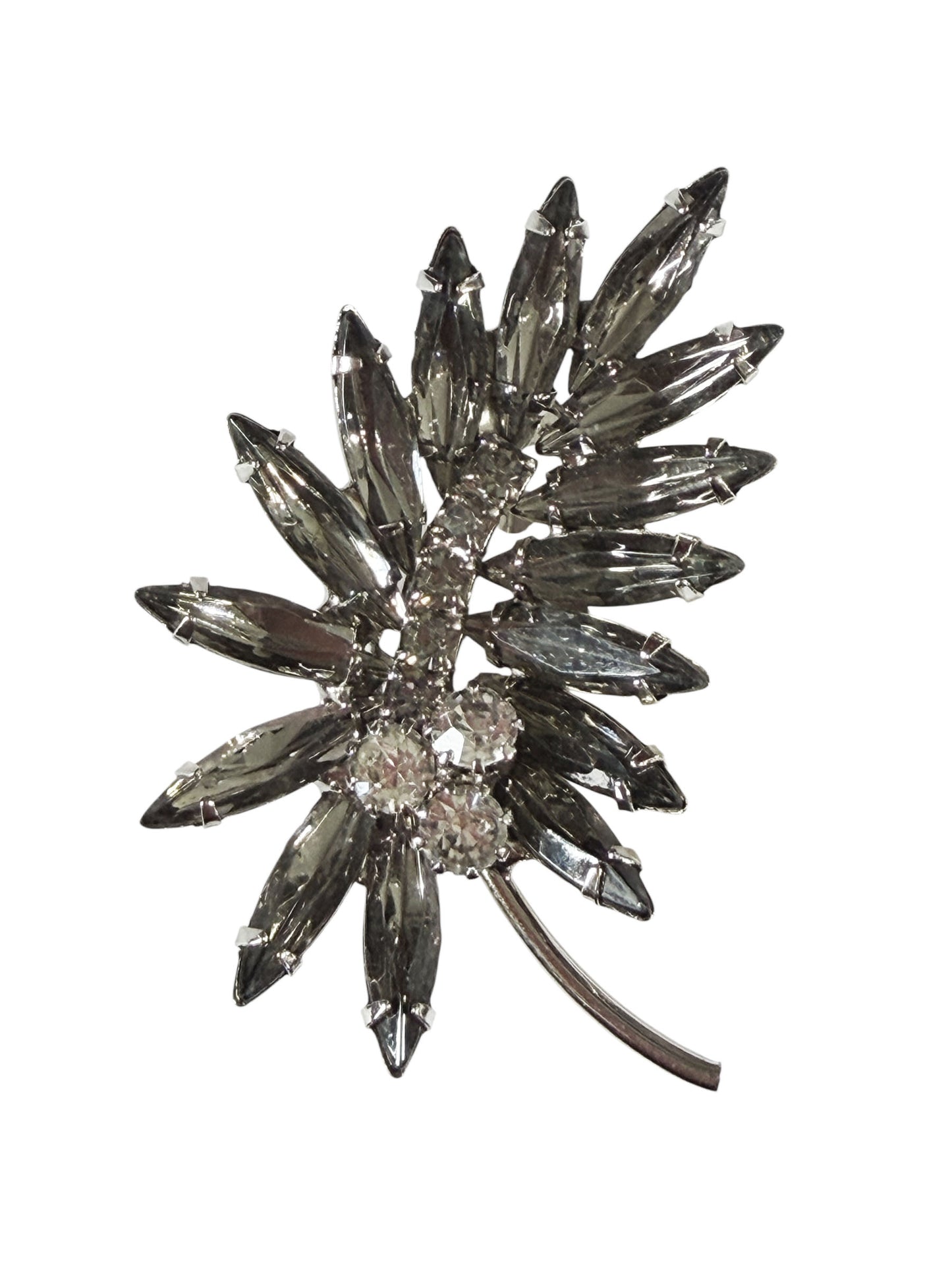 #48 Vintage white Gold Tone Rhinestone Brooch Floral Leaf Cluster Pin w/Faux Marquise Crystal