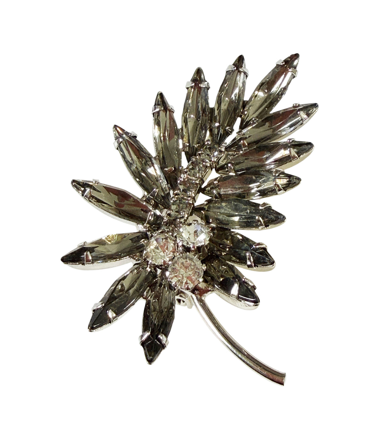 #48 Vintage white Gold Tone Rhinestone Brooch Floral Leaf Cluster Pin w/Faux Marquise Crystal