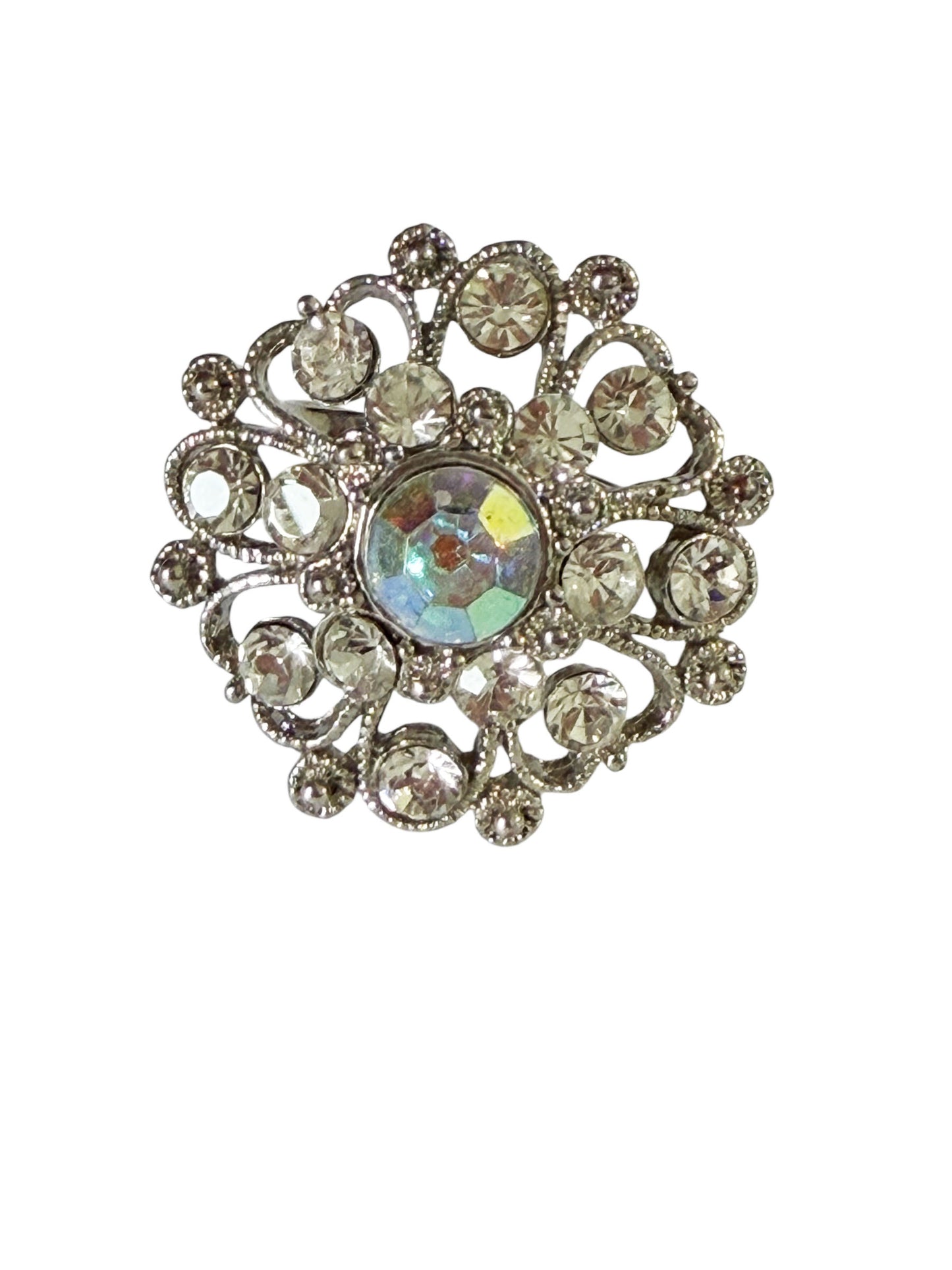 #45  Vintage Ring Rhinestone diamond & Crystal Silver tone  Size 6 Resizable