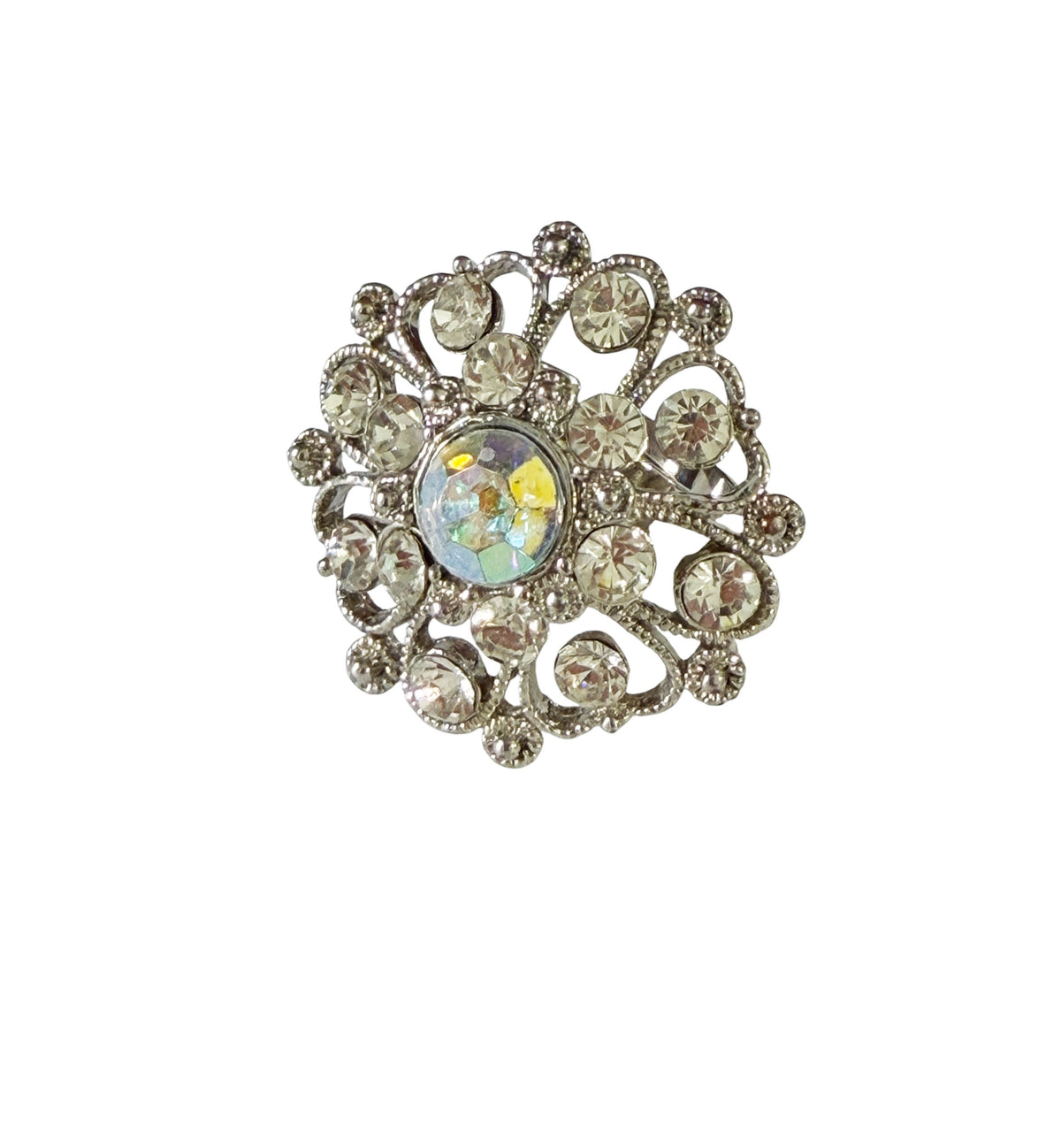 #45  Vintage Ring Rhinestone diamond & Crystal Silver tone  Size 6 Resizable