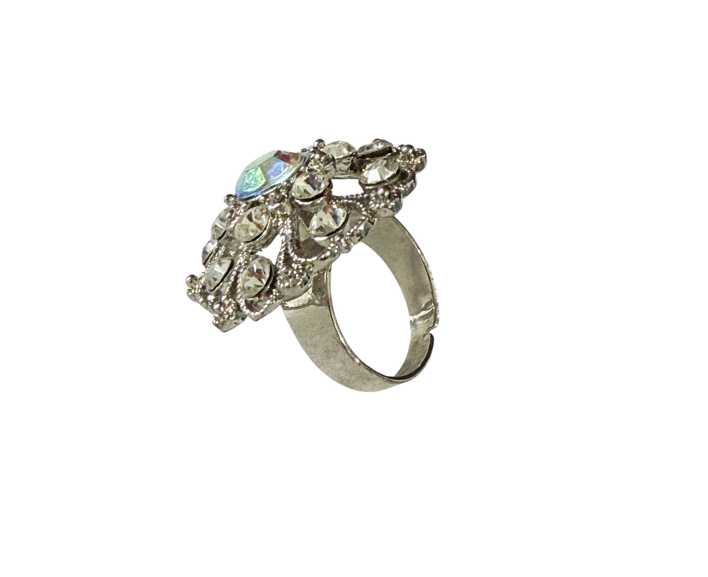 #45  Vintage Ring Rhinestone diamond & Crystal Silver tone  Size 6 Resizable
