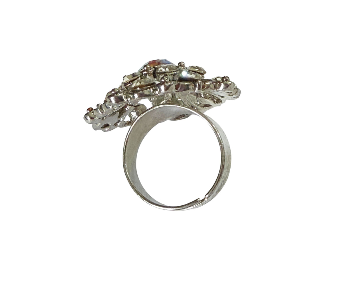 #45  Vintage Ring Rhinestone diamond & Crystal Silver tone  Size 6 Resizable