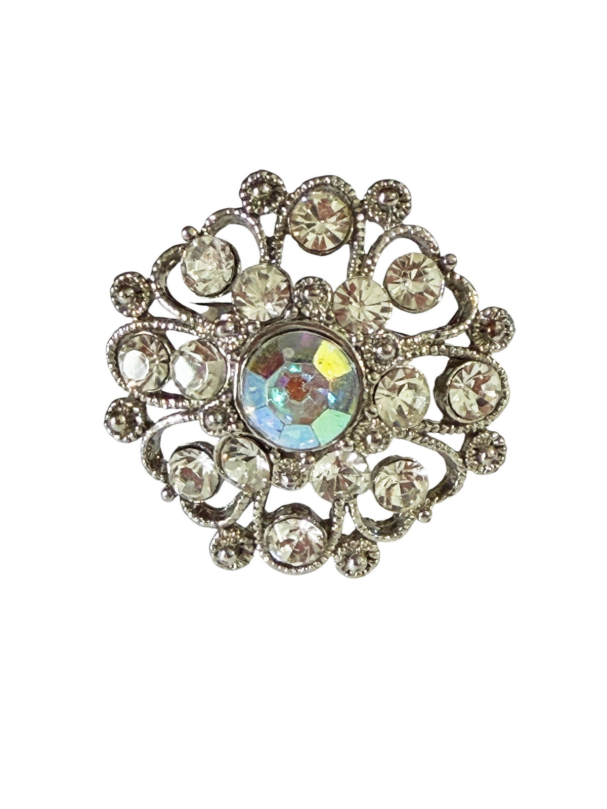 #45  Vintage Ring Rhinestone diamond & Crystal Silver tone  Size 6 Resizable