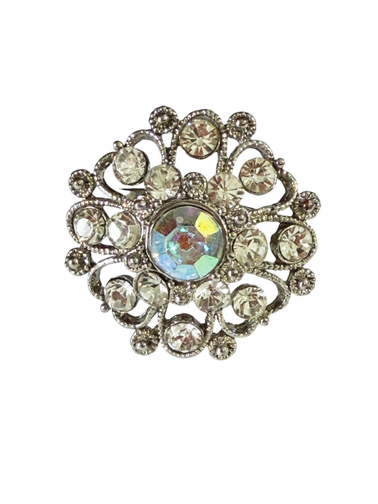 #45  Vintage Ring Rhinestone diamond & Crystal Silver tone  Size 6 Resizable