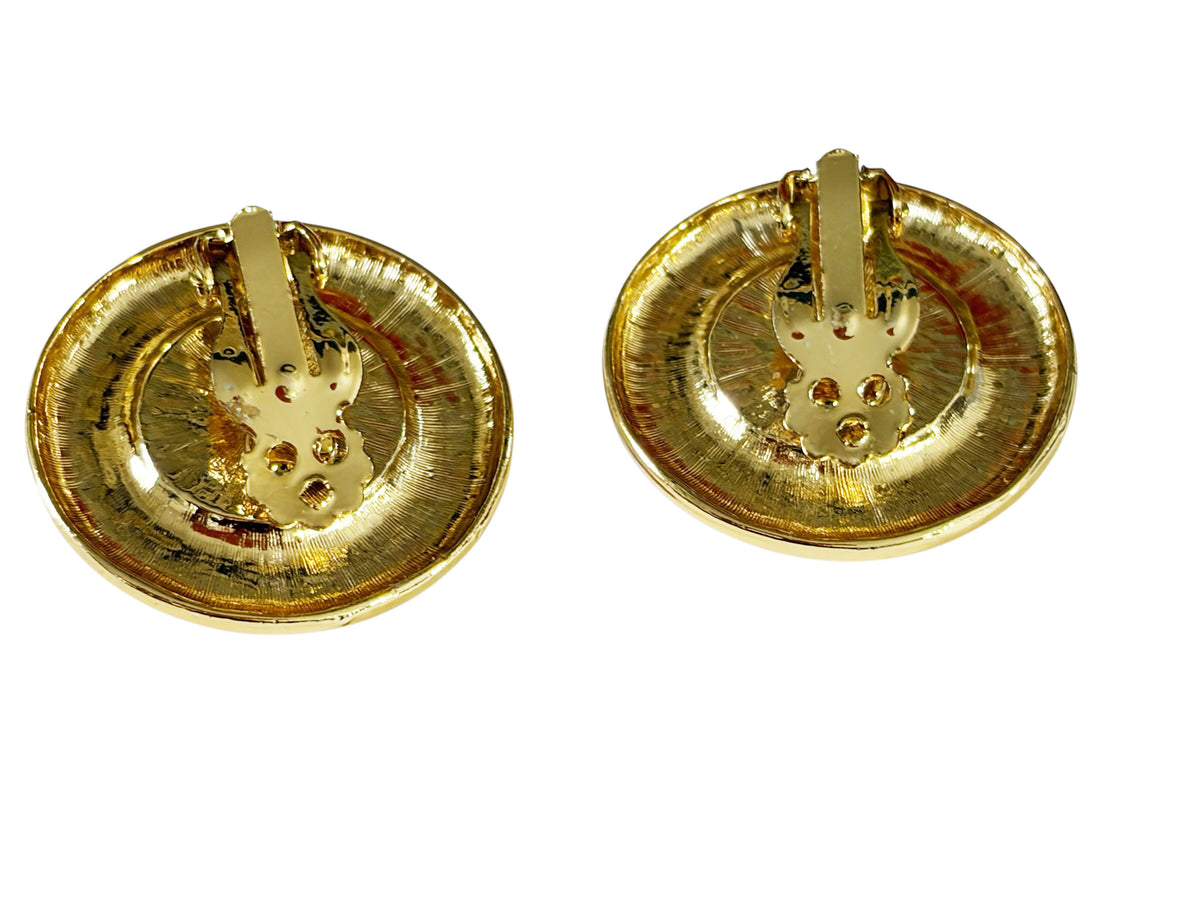#51 Vintage  Gold tone and Black Enamel Modernist clip- on Earrings