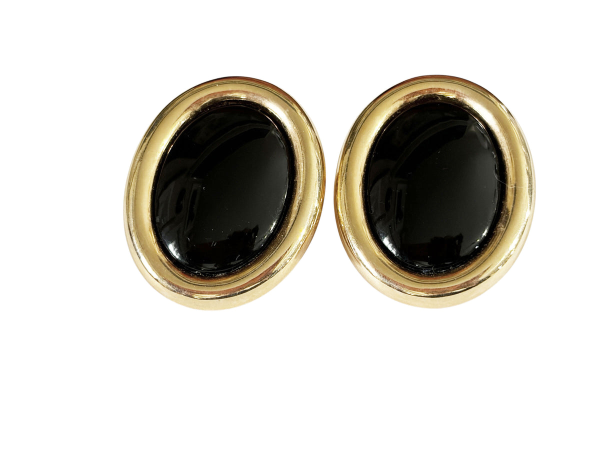 #60 Vintage  Gold tone and Black Enamel Modernist clip- on Earrings