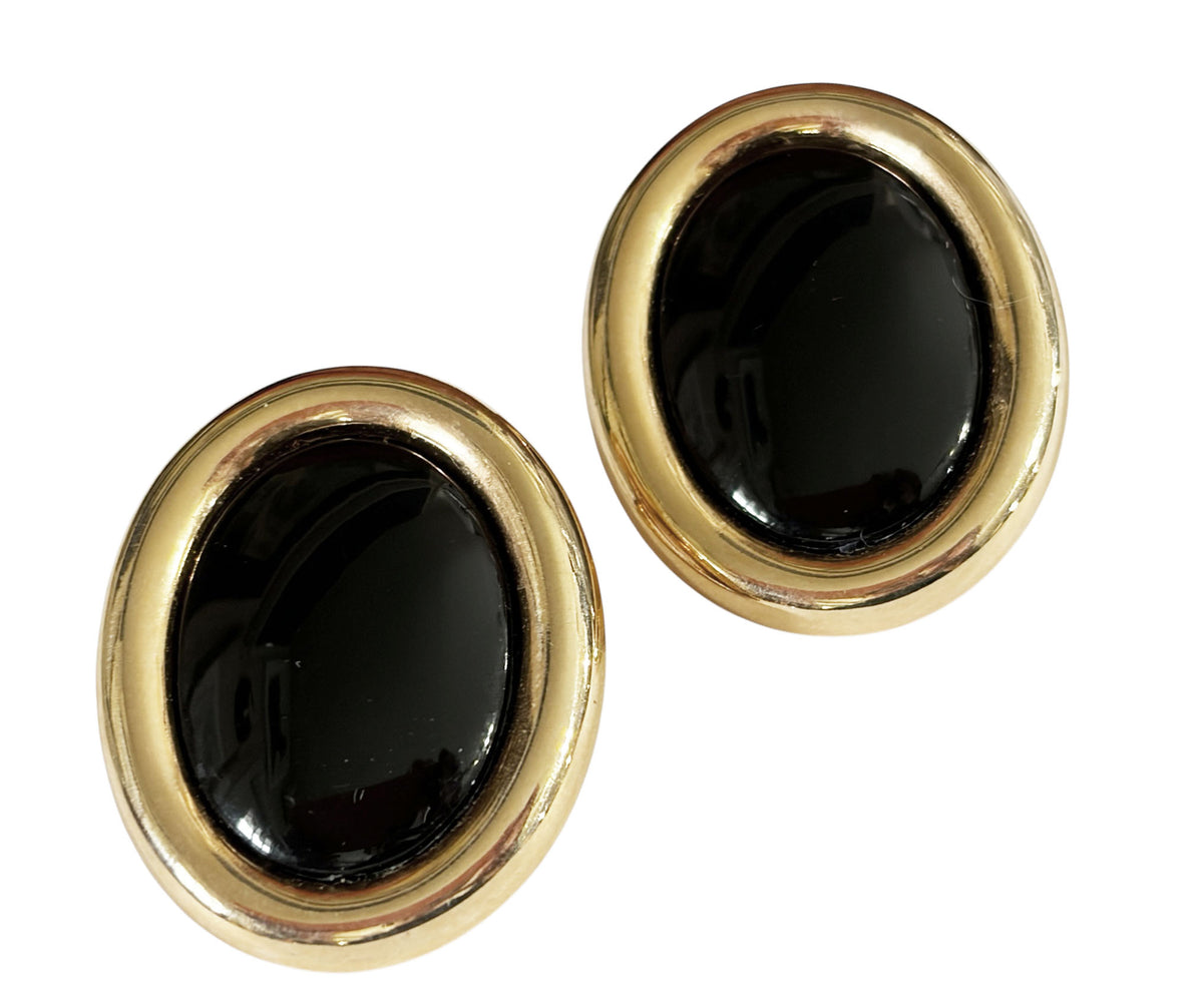 #60 Vintage  Gold tone and Black Enamel Modernist clip- on Earrings