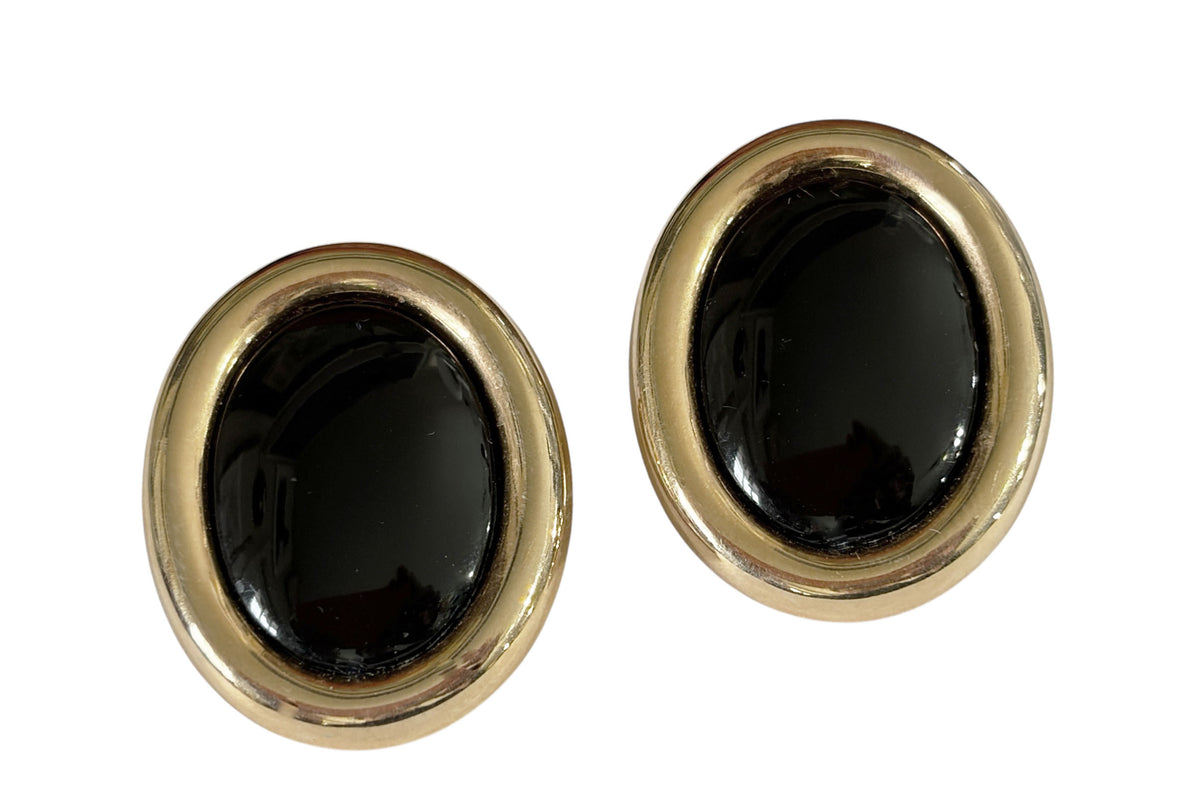 #60 Vintage  Gold tone and Black Enamel Modernist clip- on Earrings
