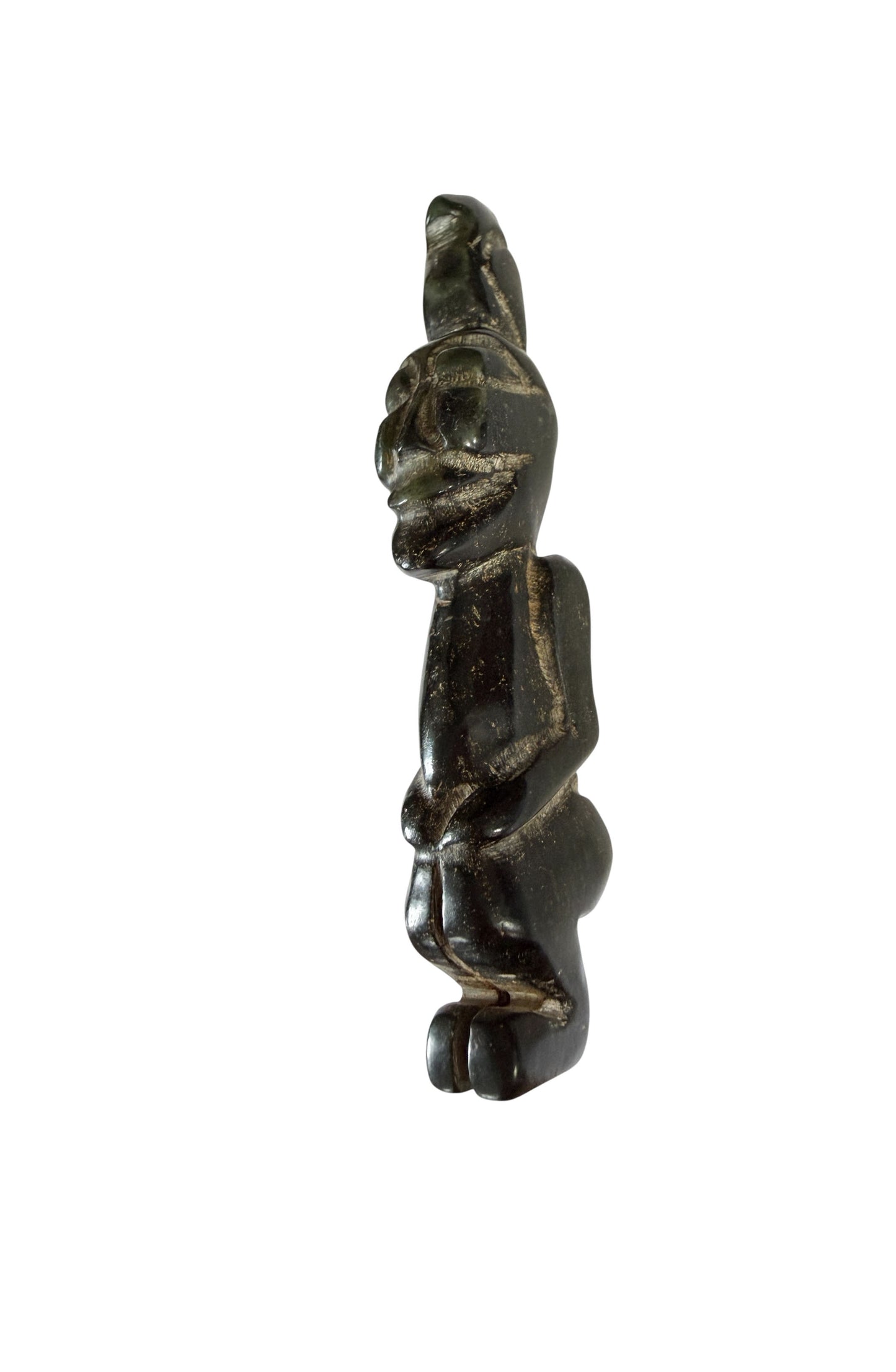 #463  HongShan  Style Culture Black carved Jade  Primitive figure w/ bird perched atop