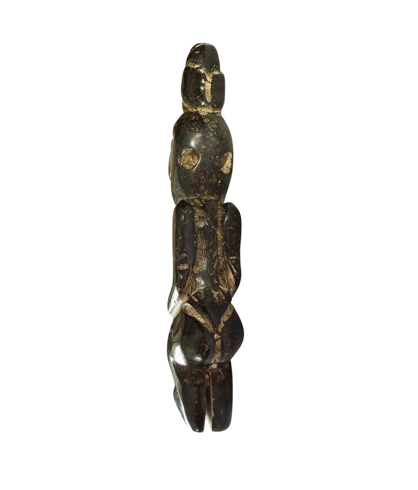 #463  HongShan  Style Culture Black carved Jade  Primitive figure w/ bird perched atop