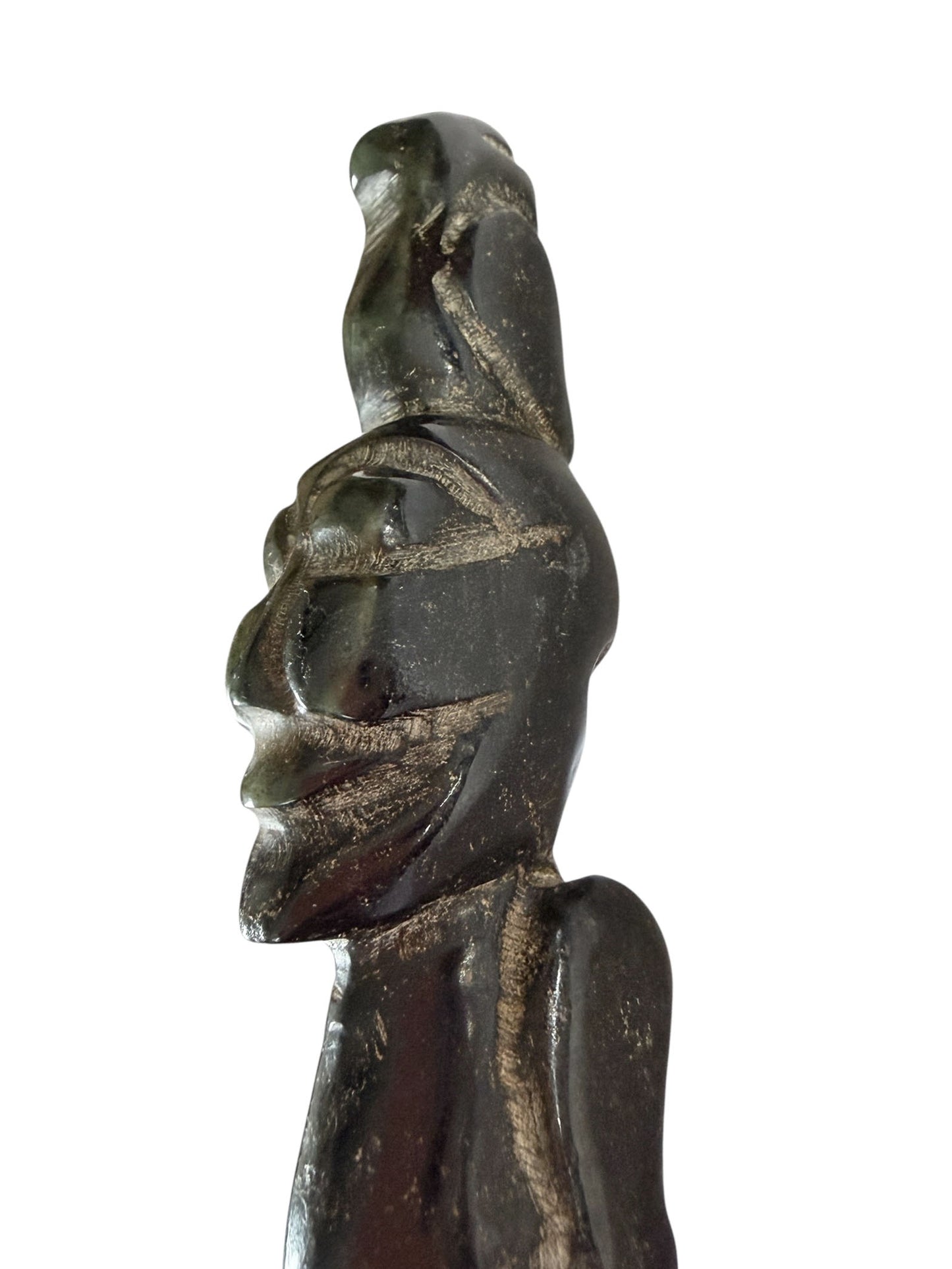 #463  HongShan  Style Culture Black carved Jade  Primitive figure w/ bird perched atop