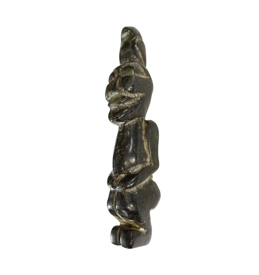 #463  HongShan  Style Culture Black carved Jade  Primitive figure w/ bird perched atop