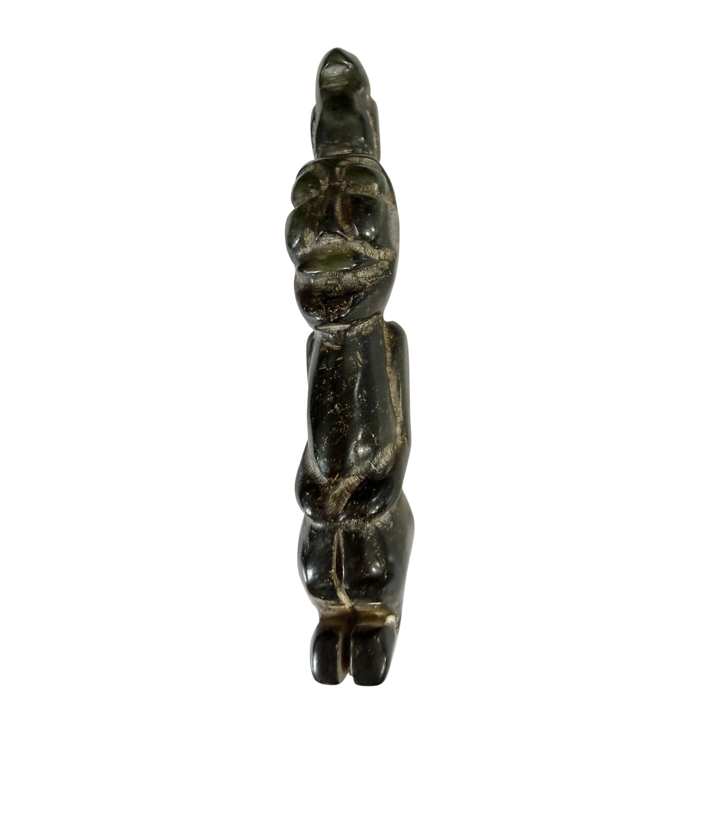 #463  HongShan  Style Culture Black carved Jade  Primitive figure w/ bird perched atop