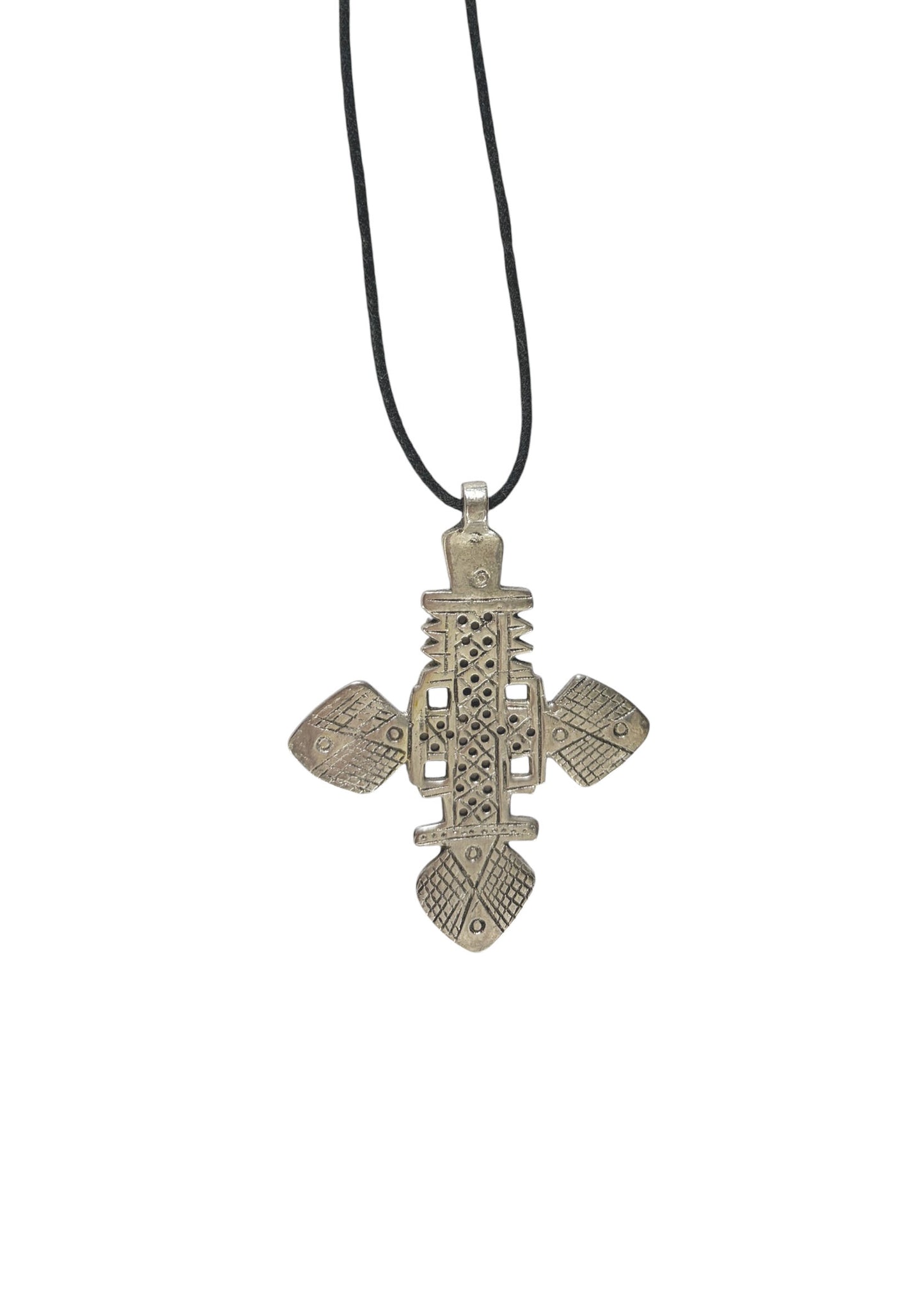 #3264 Vintage Abyssinian /Coptic Cross Pendant Ethiopian Silver 3.25" H