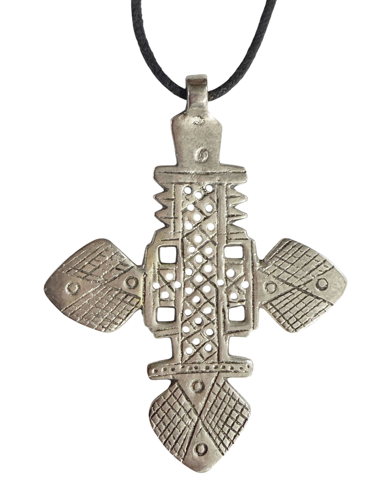 #3264 Vintage Abyssinian /Coptic Cross Pendant Ethiopian Silver 3.25" H