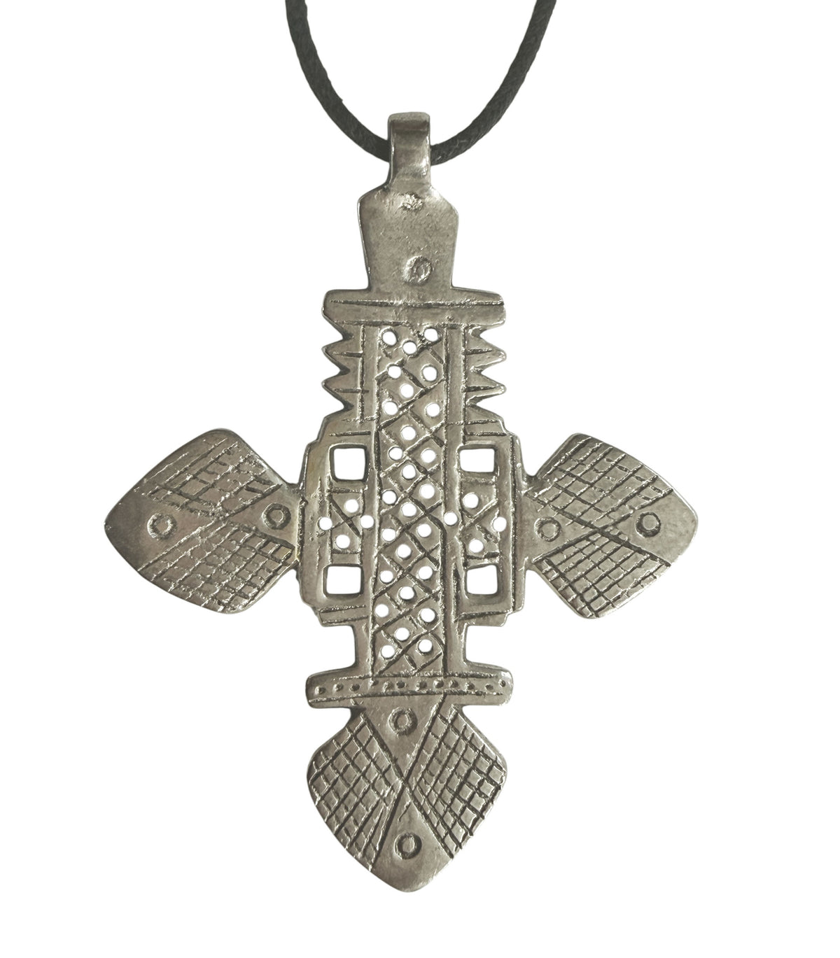 #3264 Vintage Abyssinian /Coptic Cross Pendant Ethiopian Silver 3.25" H
