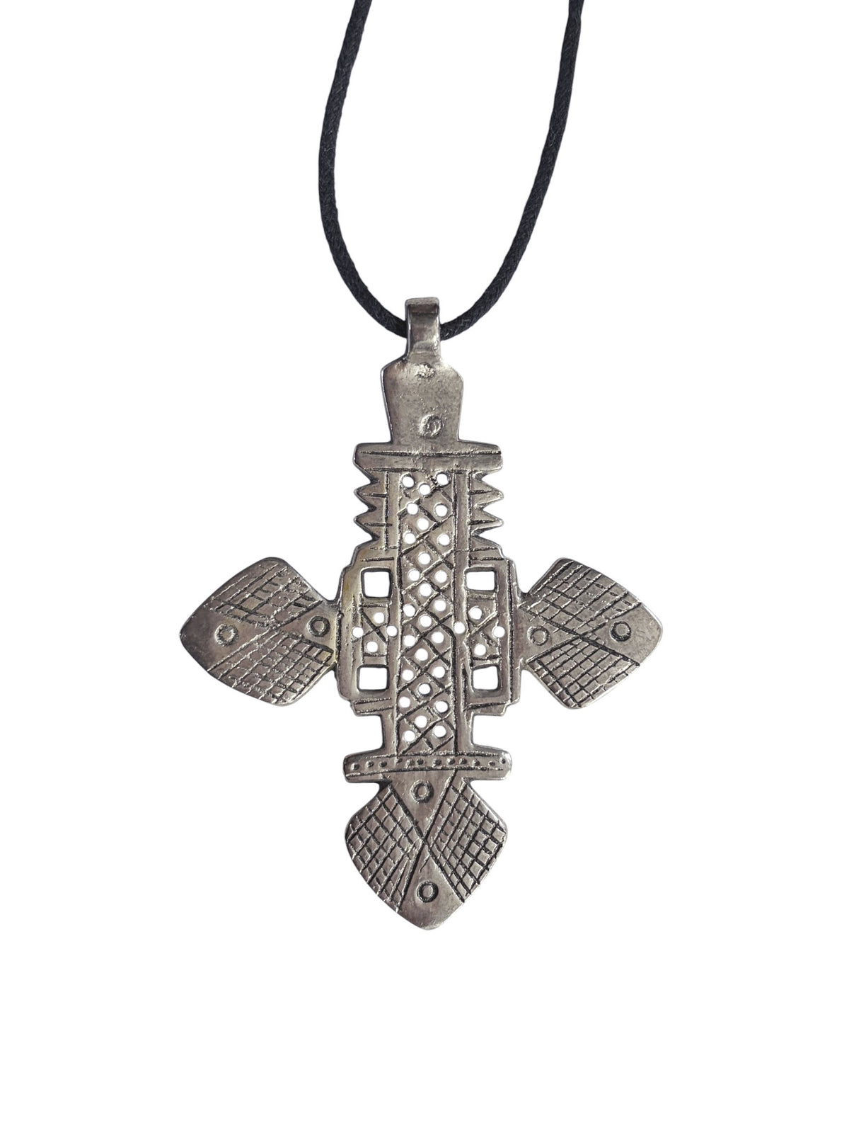 #3264 Vintage Abyssinian /Coptic Cross Pendant Ethiopian Silver 3.25" H