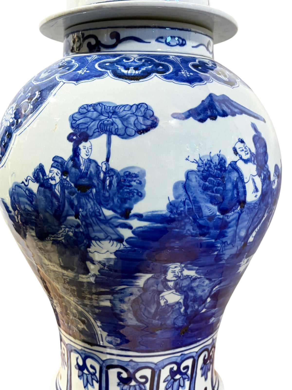 #1343 Vintage Lg Chinoiserie cobalt Blue & White  Temple Ginger Jar 23" H