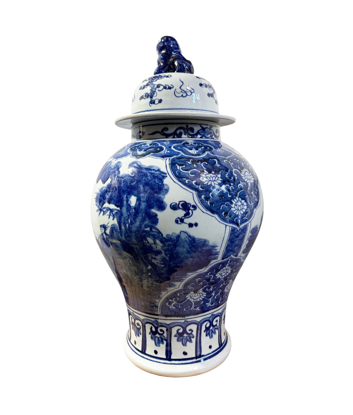 #1343 Vintage Lg Chinoiserie cobalt Blue & White  Temple Ginger Jar 23" H