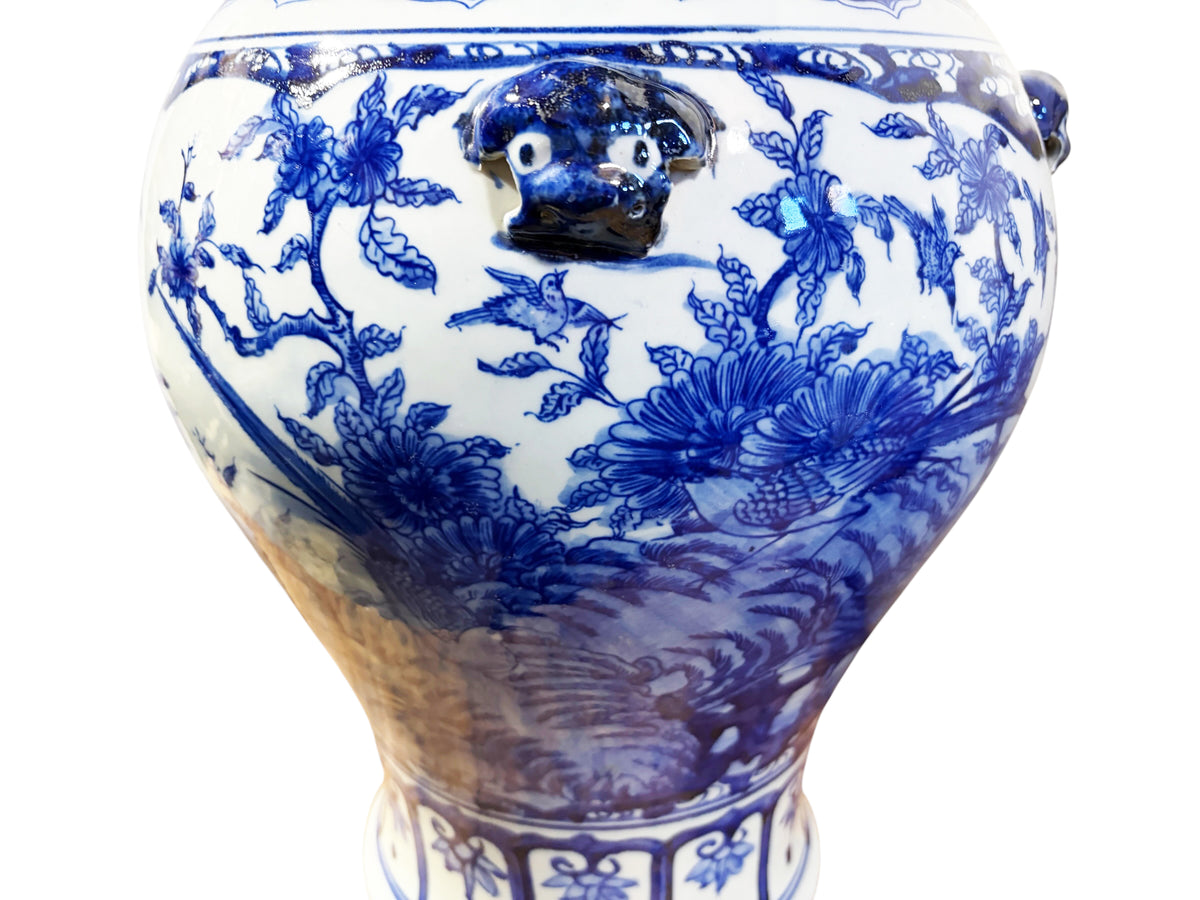 #1344 Vintage Lg Chinoiserie cobalt Blue & White  Temple Ginger Jar 23" H