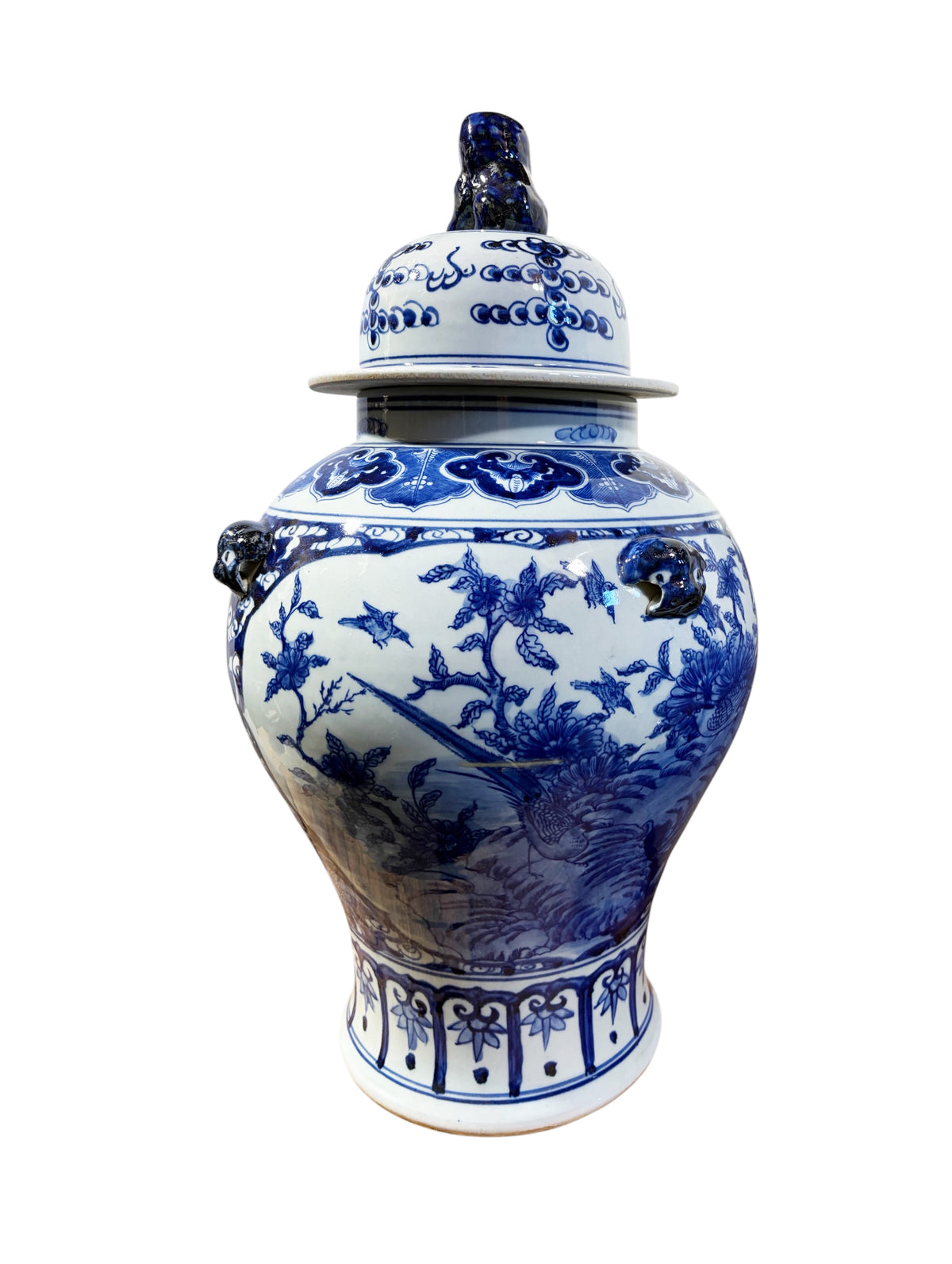 #1344 Vintage Lg Chinoiserie cobalt Blue & White  Temple Ginger Jar 23" H