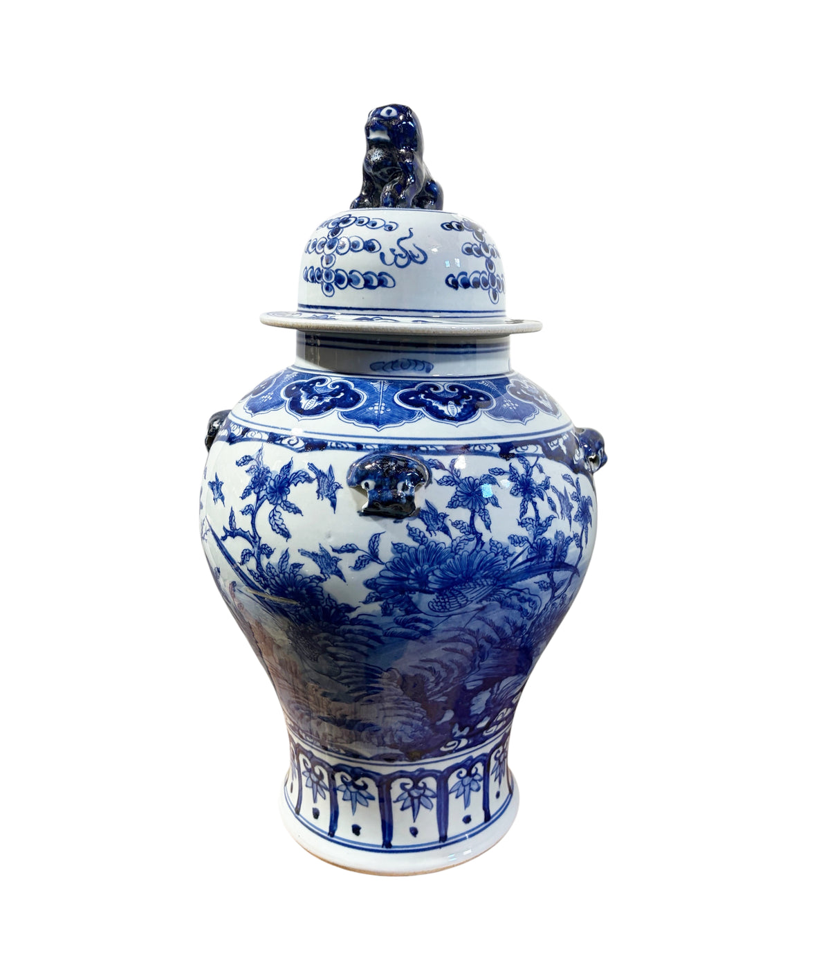 #1344 Vintage Lg Chinoiserie cobalt Blue & White  Temple Ginger Jar 23" H