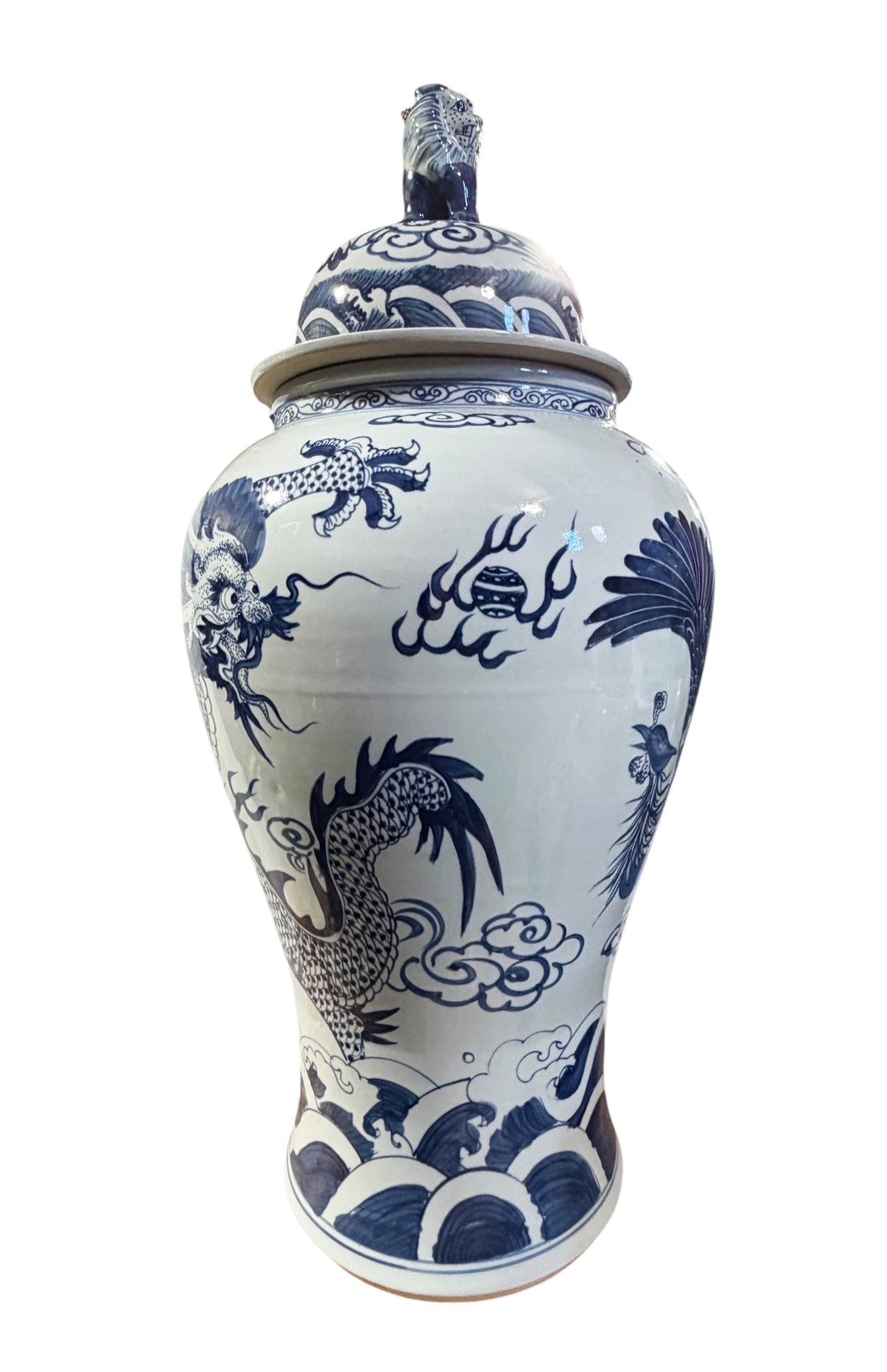 #943C Chinoiserie Blue& White Porcelain Ginger Jar Dragon & Phoenix 36" H