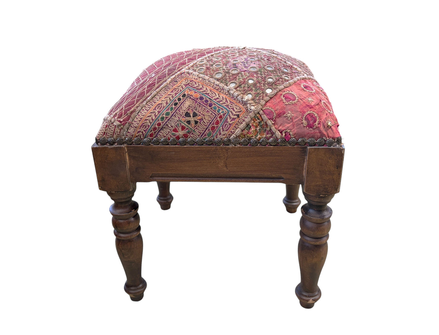 #549 Vintage Stool/footstool Upholstered  w/Kutchi Indian Banjara fabric with mirrors 15" H