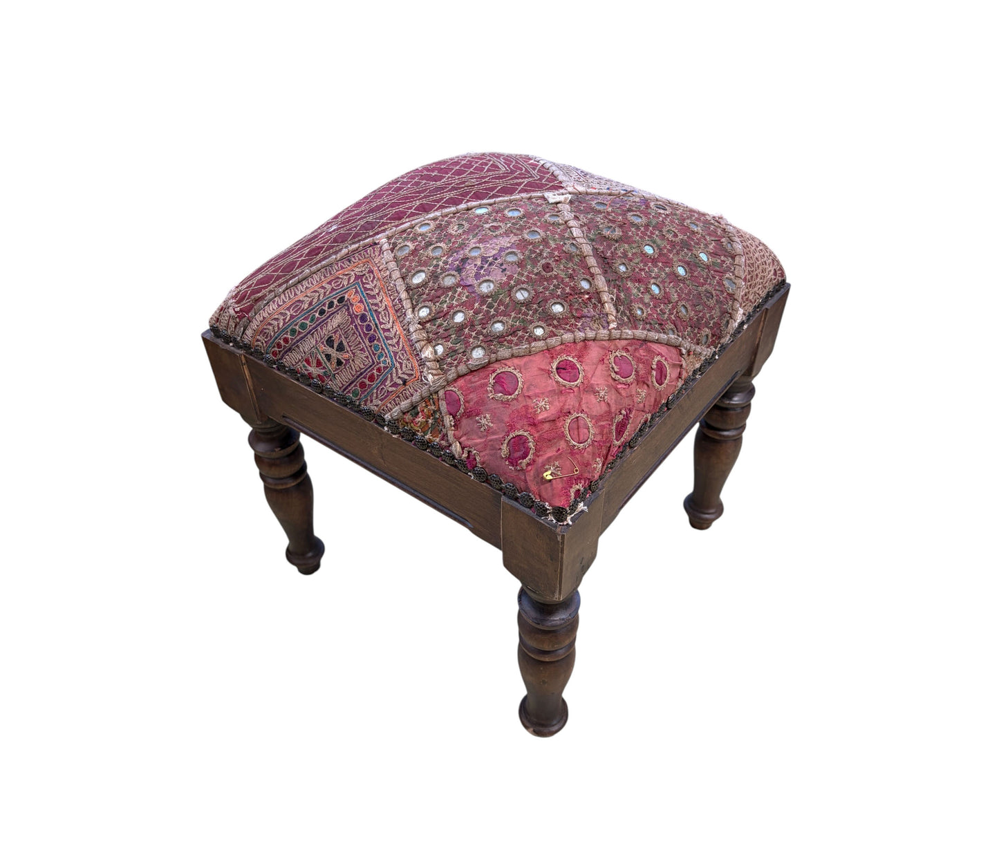 #549 Vintage Stool/footstool Upholstered  w/Kutchi Indian Banjara fabric with mirrors 15" H