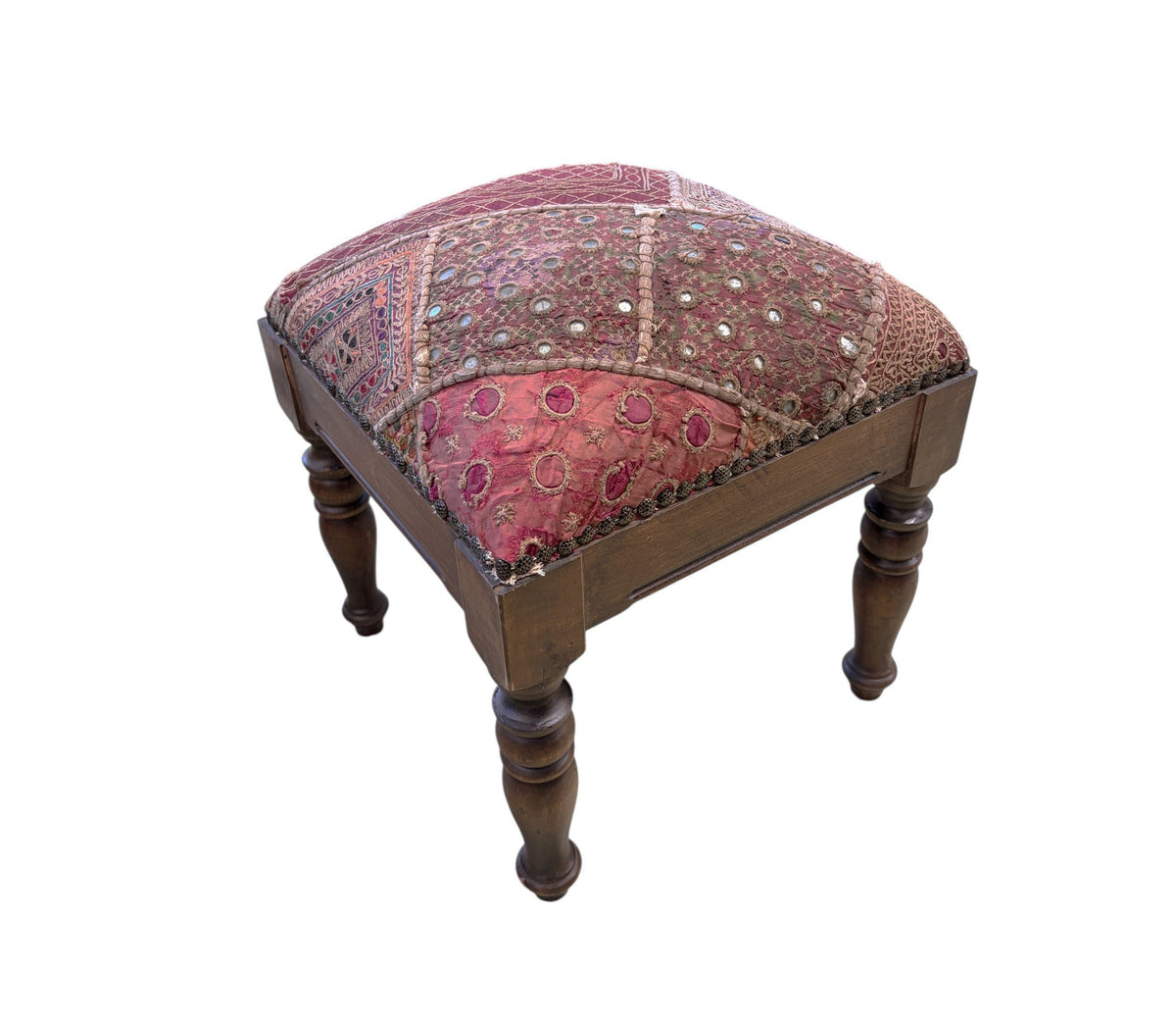 #549 Vintage Stool/footstool Upholstered  w/Kutchi Indian Banjara fabric with mirrors 15" H
