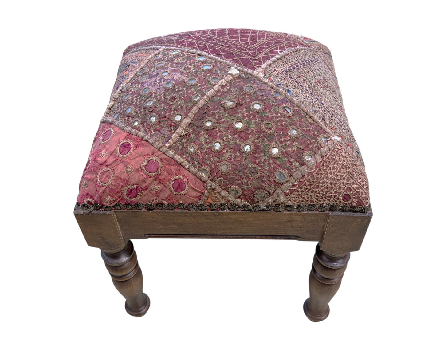#549 Vintage Stool/footstool Upholstered  w/Kutchi Indian Banjara fabric with mirrors 15" H