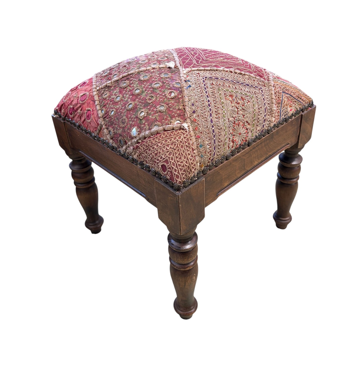#549 Vintage Stool/footstool Upholstered  w/Kutchi Indian Banjara fabric with mirrors 15" H