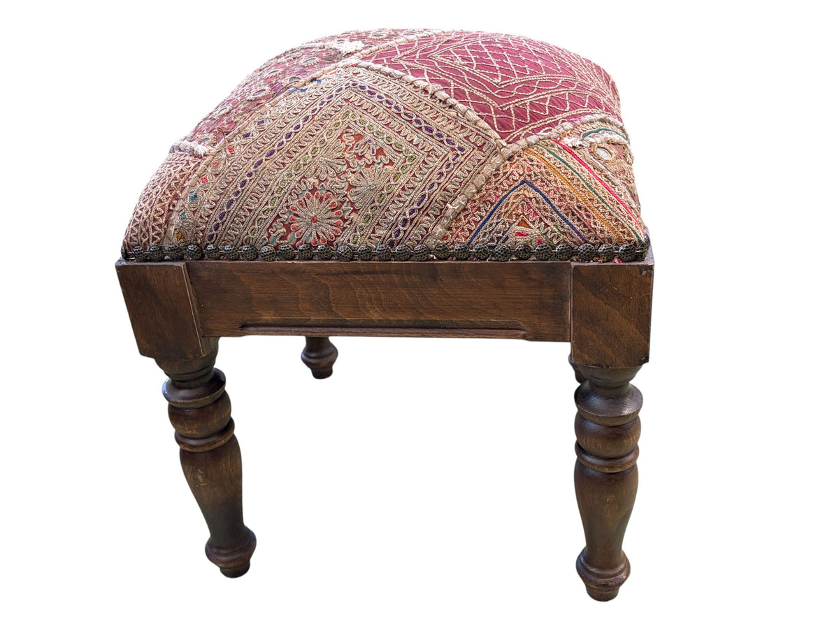 #549 Vintage Stool/footstool Upholstered  w/Kutchi Indian Banjara fabric with mirrors 15" H
