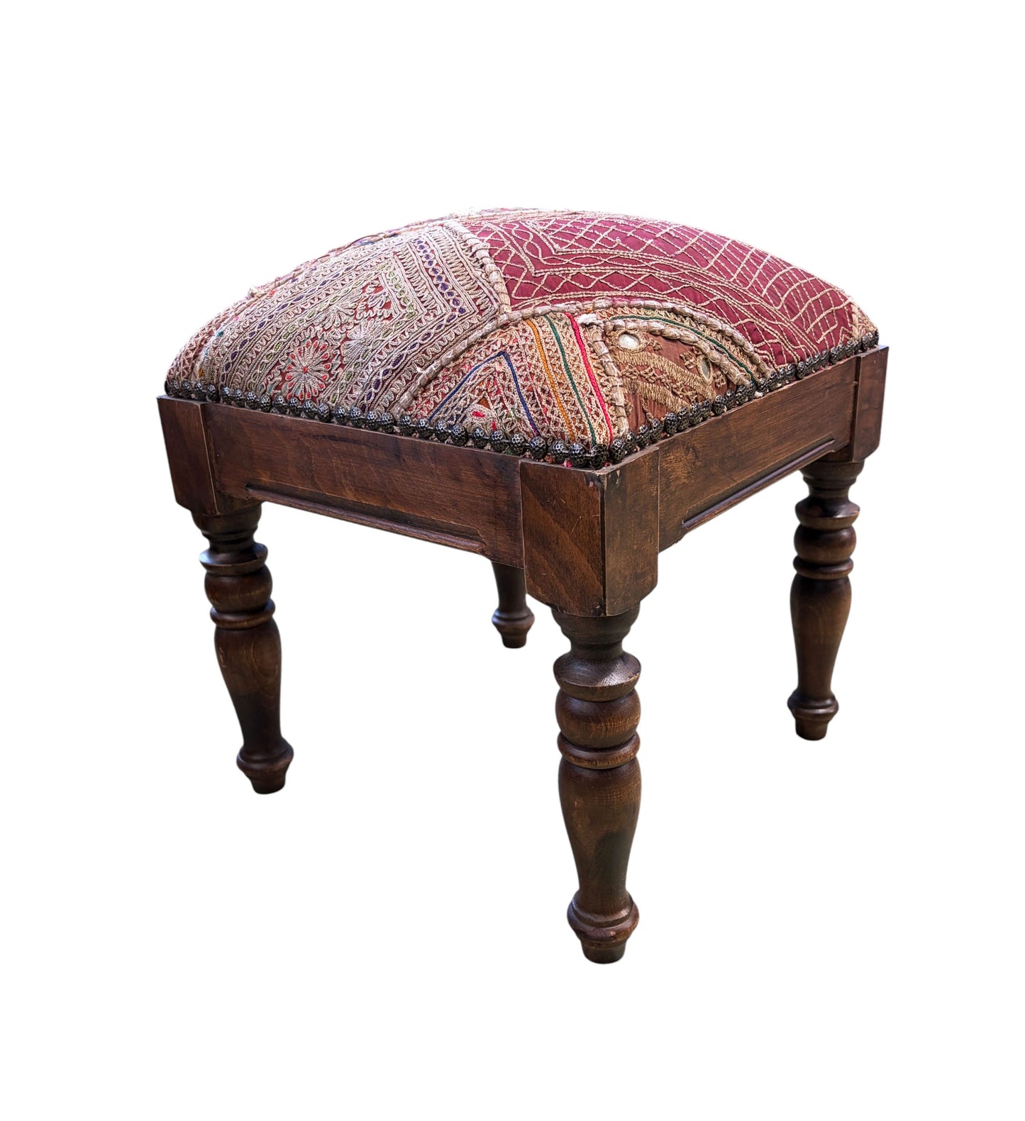 #549 Vintage Stool/footstool Upholstered  w/Kutchi Indian Banjara fabric with mirrors 15" H