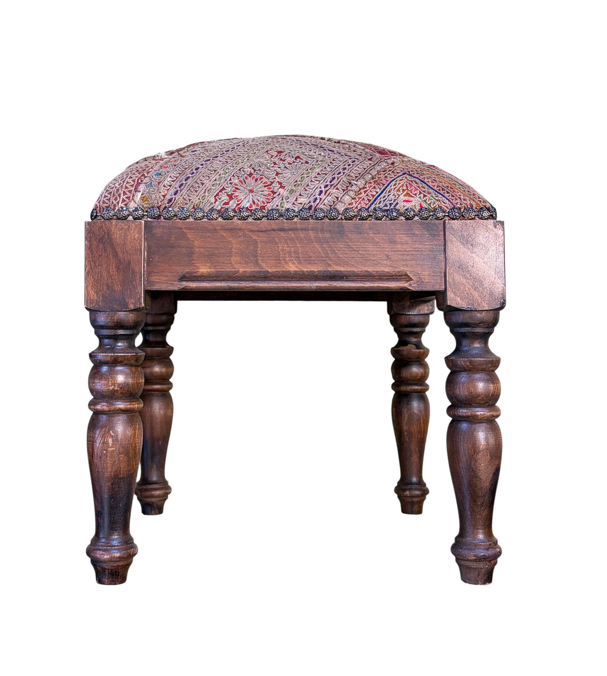 #549 Vintage Stool/footstool Upholstered  w/Kutchi Indian Banjara fabric with mirrors 15" H