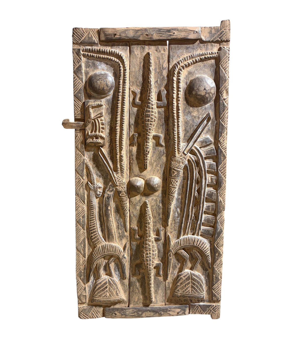 #1349 Vintage  Dogon Granary Door With Chiwaras  /Crocodiles  Mali African 49.5" H