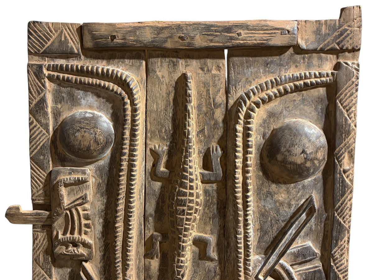 #1349 Vintage  Dogon Granary Door With Chiwaras  /Crocodiles  Mali African 49.5" H