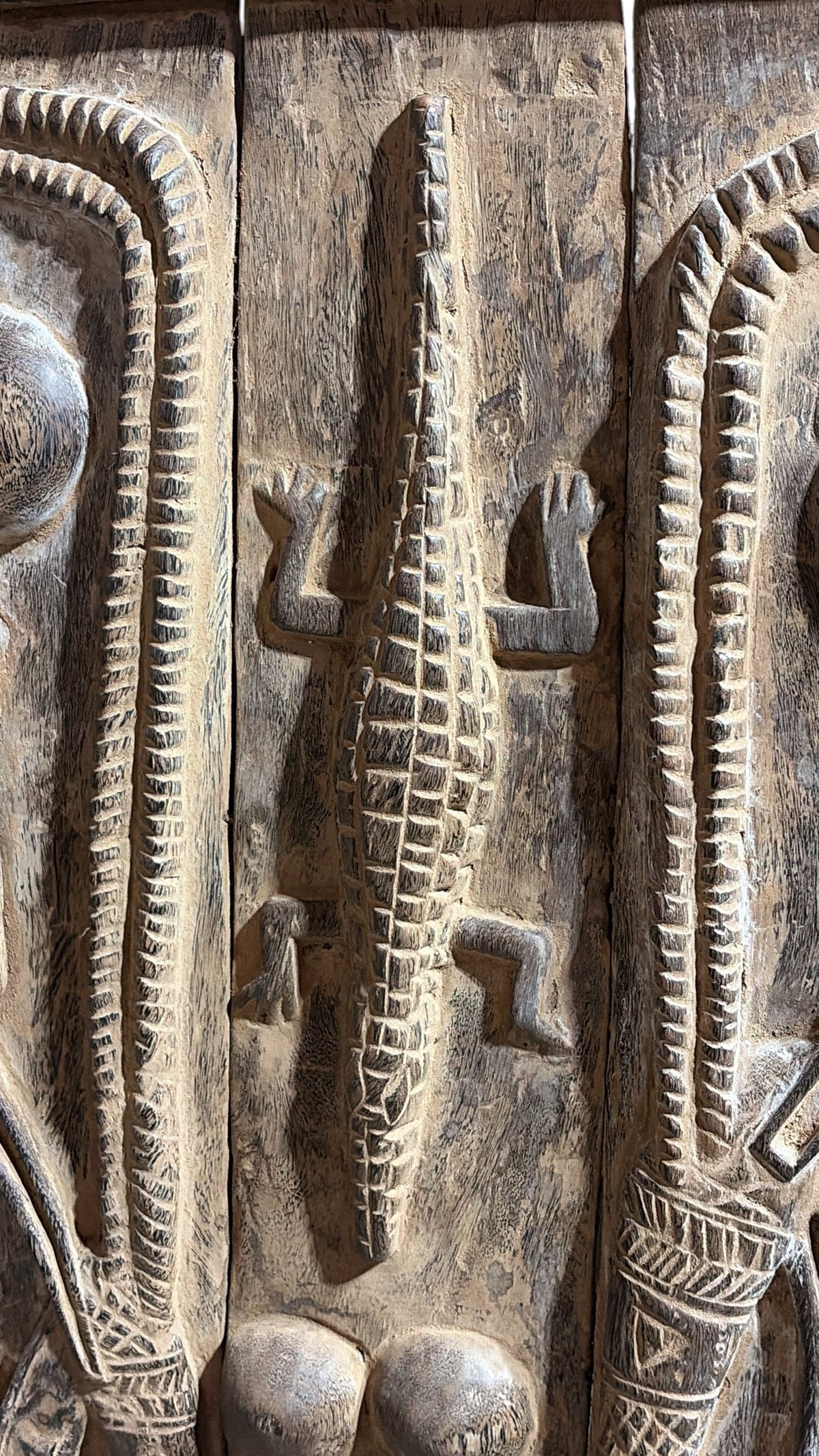 #1349 Vintage  Dogon Granary Door With Chiwaras  /Crocodiles  Mali African 49.5" H