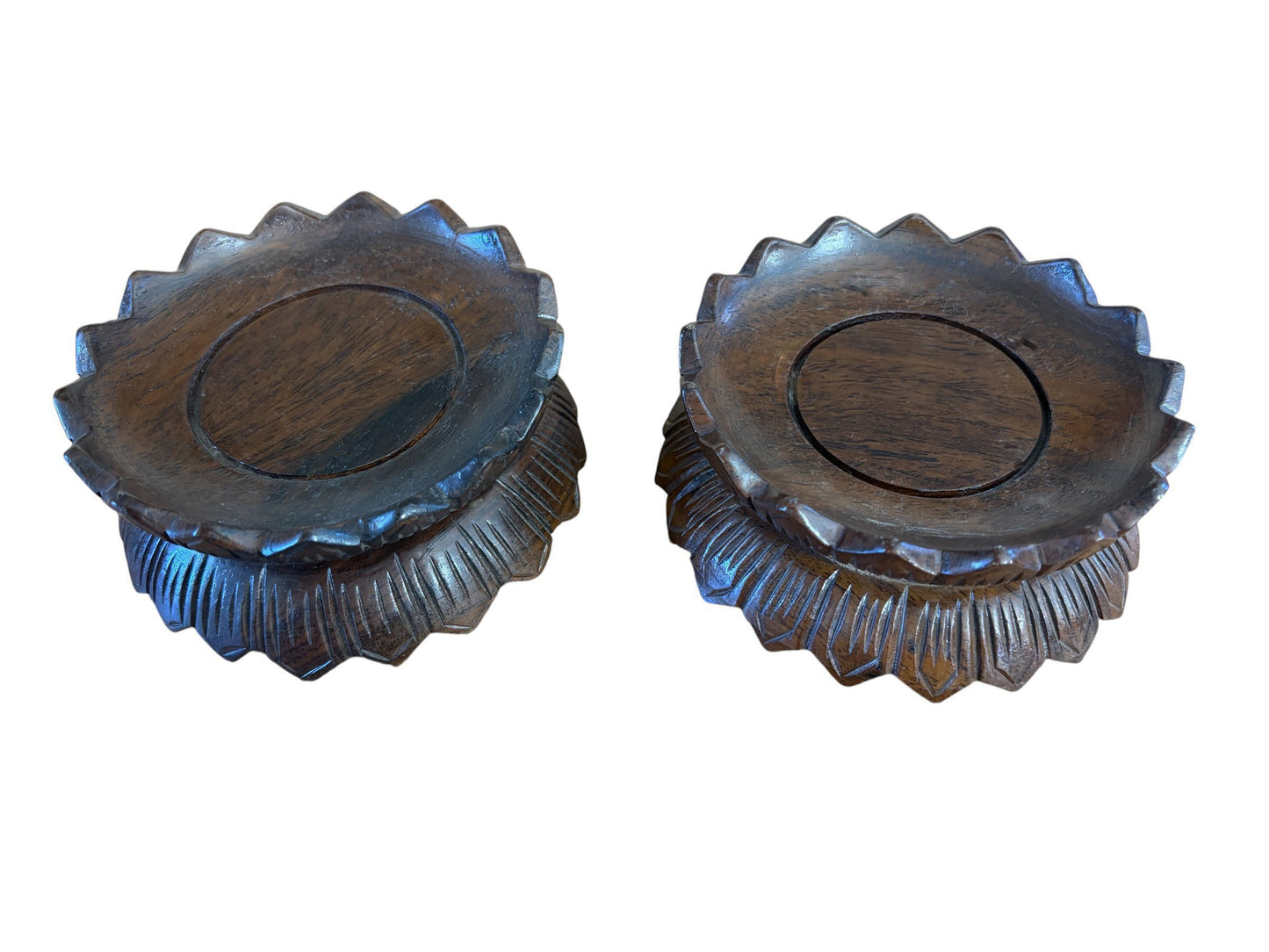 #4274  Pair of Vintage Chinoiserie solid stands wood in the graceful lotus flower form 4.5" D