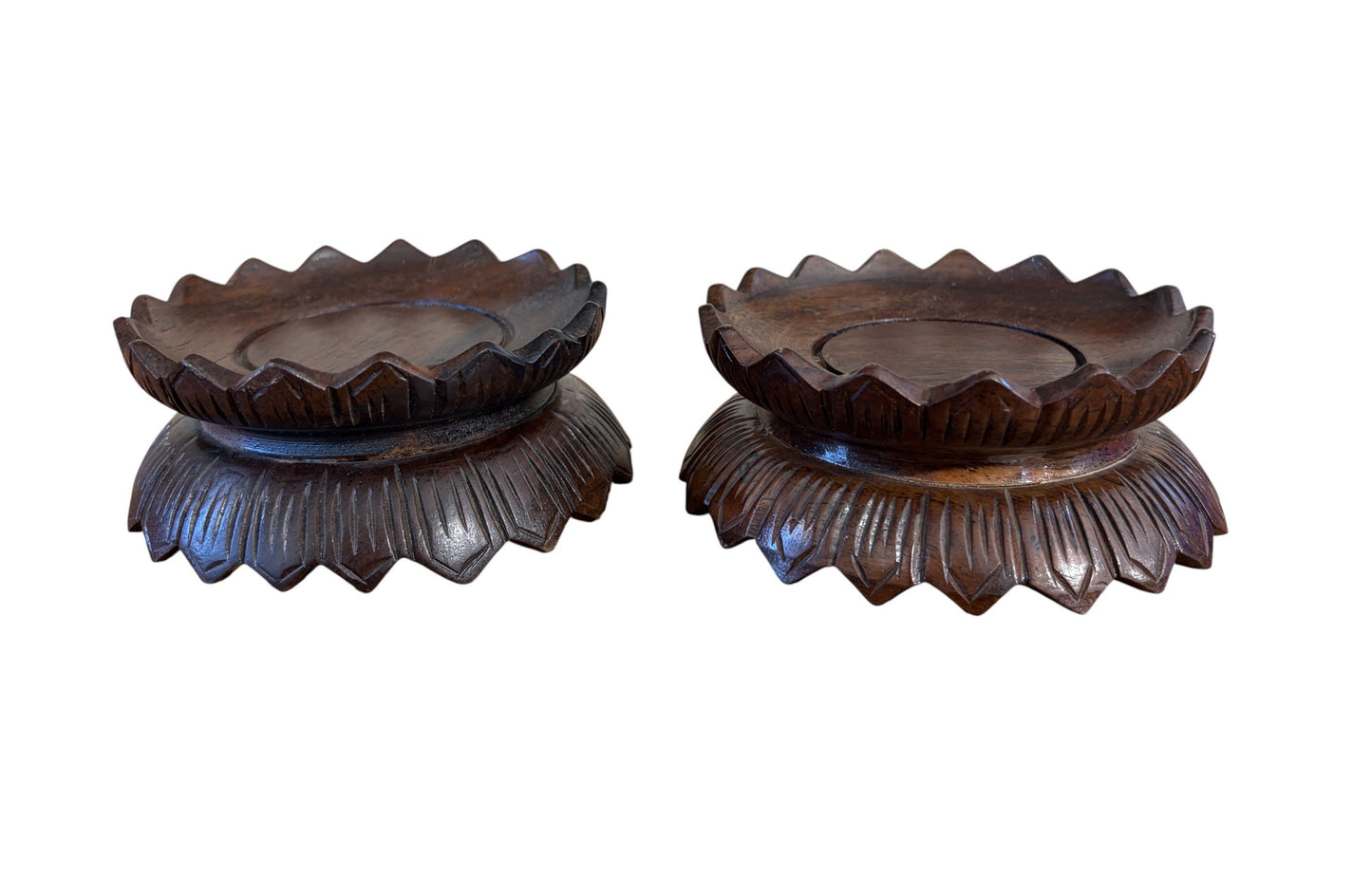 #4274  Pair of Vintage Chinoiserie solid stands wood in the graceful lotus flower form 4.5" D