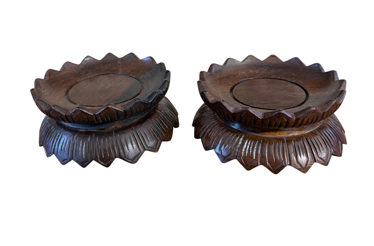 #4274  Pair of Vintage Chinoiserie solid stands wood in the graceful lotus flower form 4.5" D