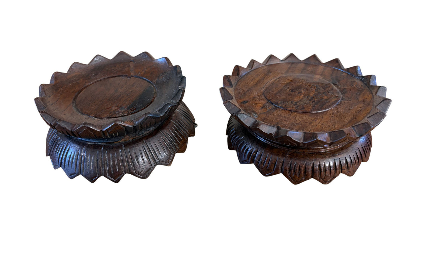 #4274  Pair of Vintage Chinoiserie solid stands wood in the graceful lotus flower form 4.5" D