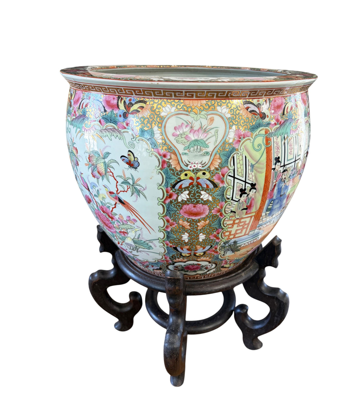 #635 Vintage Rose Medallion Jardiniere/Cache Pot /Planter W/stand 23" H