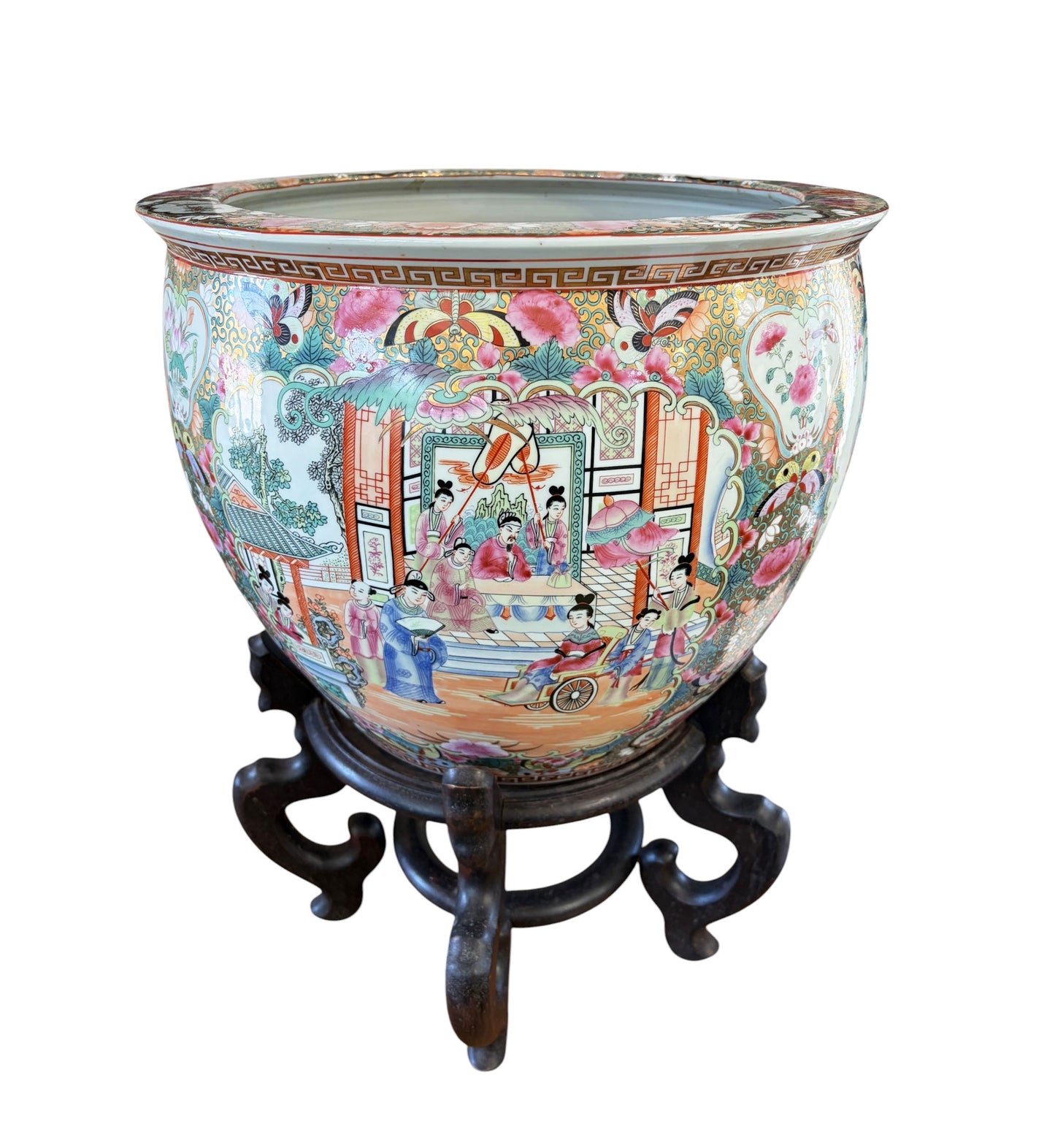 #635 Vintage Rose Medallion Jardiniere/Cache Pot /Planter W/stand 23" H