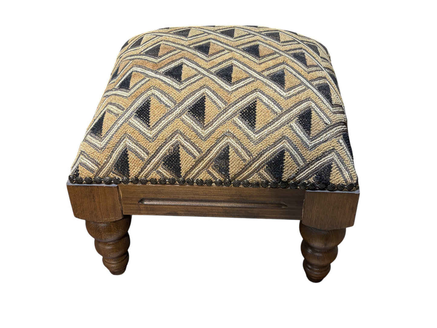 #547 Square  Wooden Footstool W/ Vintage African Kuba Cloth Textile 12.5" H