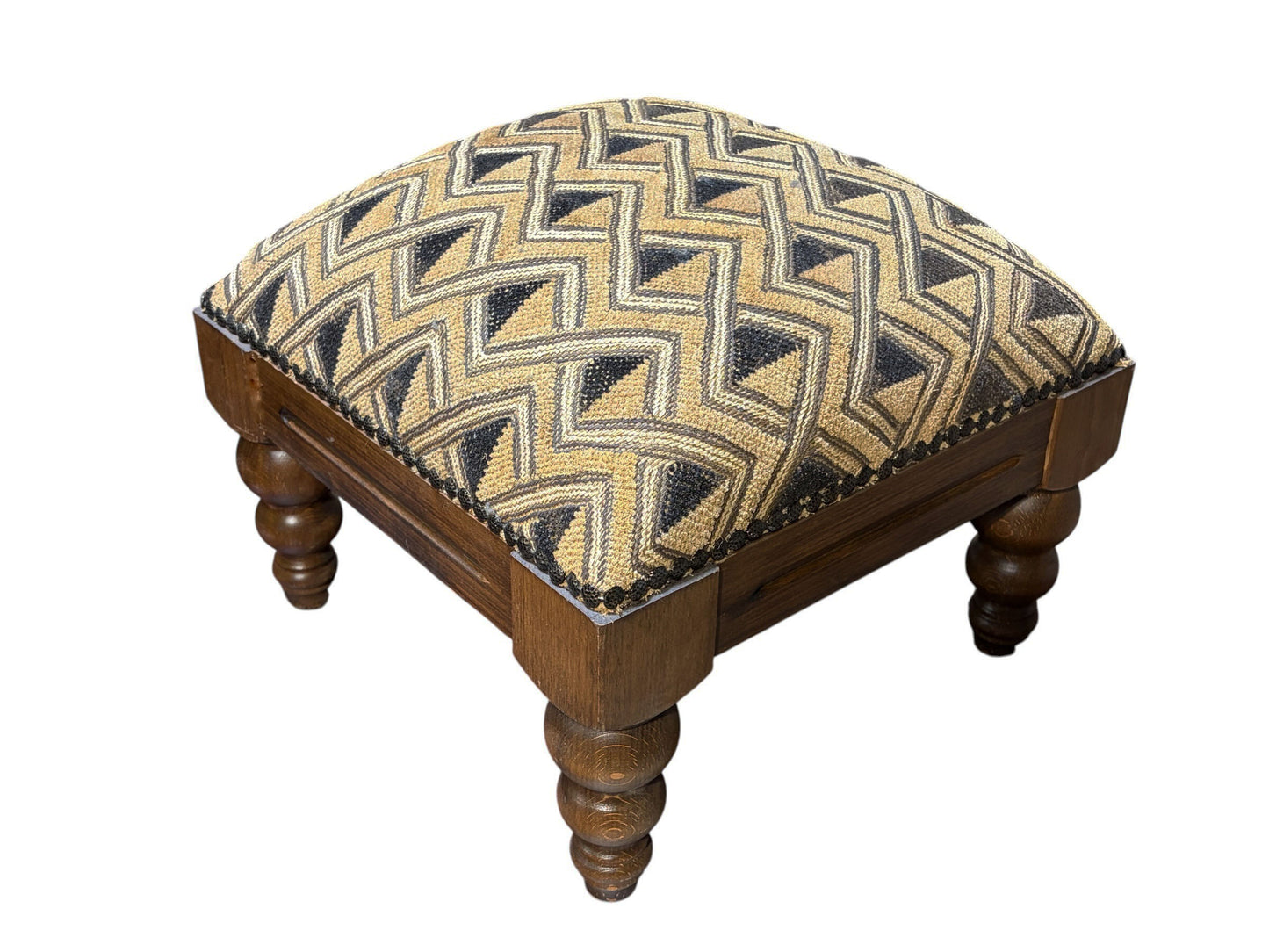 #547 Square  Wooden Footstool W/ Vintage African Kuba Cloth Textile 12.5" H