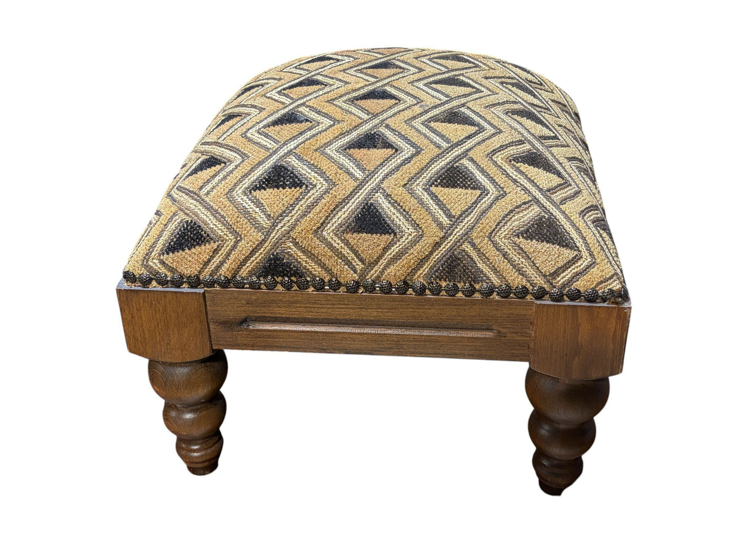 #547 Square  Wooden Footstool W/ Vintage African Kuba Cloth Textile 12.5" H