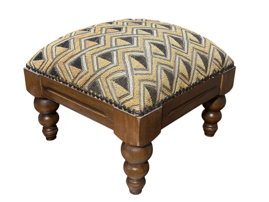 #547 Square  Wooden Footstool W/ Vintage African Kuba Cloth Textile 12.5" H