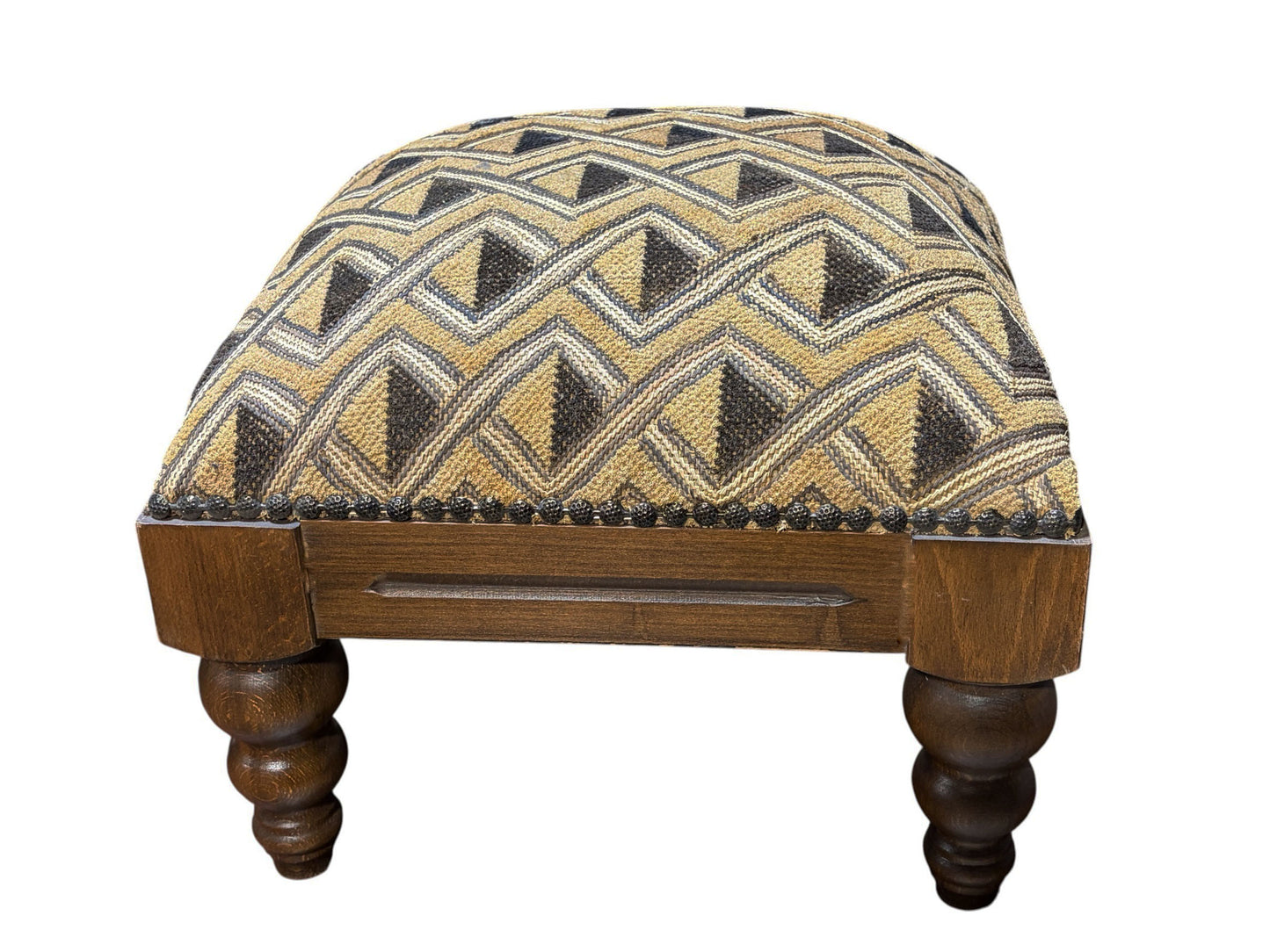 #547 Square  Wooden Footstool W/ Vintage African Kuba Cloth Textile 12.5" H