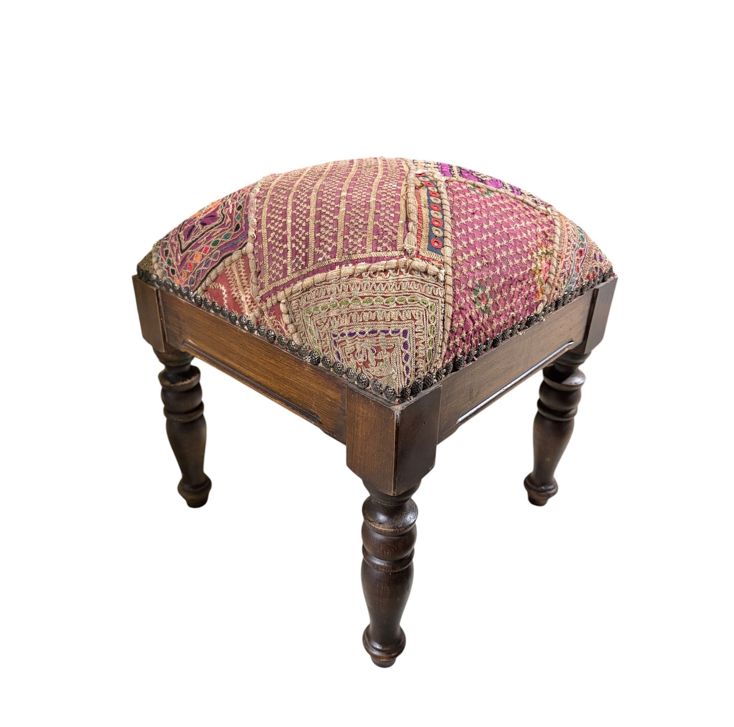 #3754 Vintage Stool/Footstool Upholstered  w/ Kutchi Indian Banjara Fabric w 16" H
